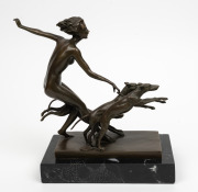 (after) JOSEF LORENZL&nbsp;Art Deco&nbsp;style bronze figure group of a naked lady and hounds on black marble base, signed "Lorenzl" with foundry button mark to base, 22cm high, 22cm wide overall - 3