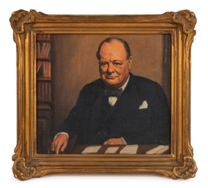 ARTIST UNKNOWN, (portrait of Winston Churchill), oil on canvas board, signed lower right (illegible), ​​​​​​​housed in John Thallon frame, 22 x 24cm, 29 x 32cm overall