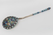 A boxed set of six Russian silver soup spoons, all handsomely adorned with enamel decoration, 19th/20th century, (marks difficult to decipher), ​​​​​​​18.5cm long, 304 grams total - 2