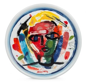 BERNARD HESLING (1905-1987), (portrait of a woman on white ground), enamel on tin panel, signed lower centre "Hesling", ​​​​​​​ 28.5cm diameter