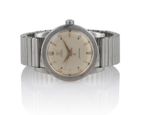 OMEGA "Seamaster" automatic gents wristwatch in stainless steel case with silvered dial and applied Arabic and baton numerals with gold sword type hands. Fixo-Flex expandable wrist strap. Circa 1958. 3.8cm wide including crown.