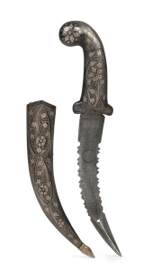 A fine quality antique Persian dagger with Niello silver handle and scabbard, 19th/20th century, 29.5cm long