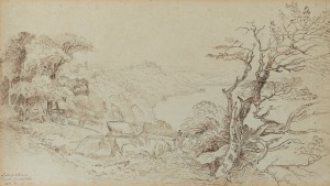 ARTIST UNKNOWN, Lake of Albano, Castle Gandolpho, 28th March, 1817, pen and ink on paper, titled lower left, ​​​​​​​34 x 60cm, 51 x 75cm overall