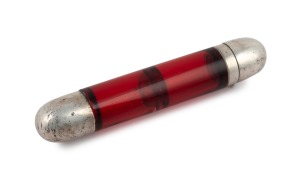 An antique silver topped double ended ruby glass scent bottle, 19th century, 12.5cm long