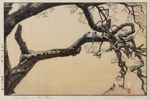 TOSHI YOSHIDA (1911-1995), Plum Tree And Blue Magpie, woodblock print, signed lower right "Toshi Yoshida", 27 x 40cm, 50 x 64cm overall.