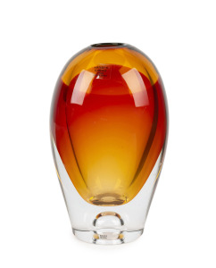 KOSTA BODA vintage Swedish orange art glass vase by Göran Wärff, engraved "Kosta Boda, G. Wärff", with original label "ARTIST'S CHOICE From Kosta Boda", 25cm high.