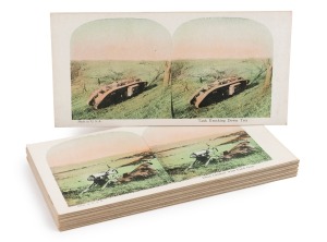 FIRST WORLD WAR STEREO CARDS: Twenty-five c. 1918 colorised stereo cards, with such captions as 'Tank Knocking Down Tree', 'Hand Grenade Throwers', 'Dead German with Field Gun', and 'Engineers Repairing Tracks'. (25 cards)