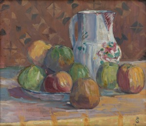 SUZETTE CHAMPAVIER (circa 1890), (still life with apples and jug), oil on canvas, signed and dated with monogram lower right "S. C., 1918", with inscription in the artist's hand to the stretcher, 35 x 40cm, 41 x 46cm overall