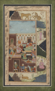 An antique Indian Mughal illuminated painting of a bedside court scene, 18th/19th century, 34 x 20cm, 56 x 41cm overall