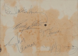 THE BEATLES and BRIAN EPSTEIN: The original pen signatures of Paul McCartney, George Harrison, Ringo Starr and John Lennon, together with the rare signature of their manager, Brian Epstein. Although the sheet is somewhat stained, the signatures are clear 