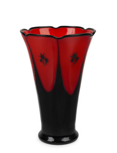 LOETZ Bohemian red and black art glass vase with hand-painted floral decoration designed by Michael Powolny who was an active member of the famed Wiener Werkstätte, circa 1920s, 23cm high.