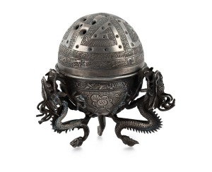 34 · A fine quality antique Chinese silver incense burner with dragon decoration, 19th century, seal mark to base, ​​​​​​​6cm high.
