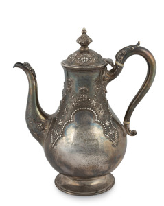 29 · An antique English sterling silver coffee pot with Gothic decoration, made by Robert Hennell III of London, circa 1865, ​​​​​​​26cm high, 730 grams.