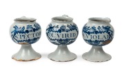 Set of three rare antique English Delft blue and white wet drug&nbsp;apothecary jars, 17th/18th century, 17cm high.