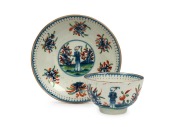 WORCESTER DR WALL period antique English porcelain tea bowl and saucer with chinoiserie&nbsp;decoration, circa 1770, bearing label "ex Ken Cavill Collection", the saucer 12cm diameter