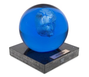 KOSTA BODA Swedish art glass spherical sculpture mounted on black slate base, titled "Headman" by Bertil Vallien, with engraved signature to plinth, 18cm high