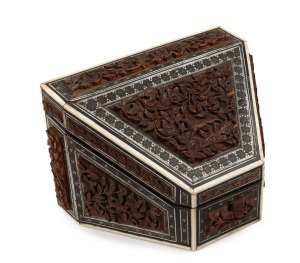 An antique Indian&nbsp;Sadeli ware and carved sandalwood desk compendium, 19th century, 15cm high, 24cm wide, 16cm deep
