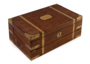 An antique mahogany brass bound campaign writing box with inset swing handles, mid 19th century, 15cm high, 40.5cm wide, 25.5cm deep