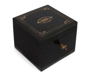 An antique French tea caddy with ebonised finish, inlaid with brass and mother of pearl, 19th century, 11cm high, 12.5cm, wide, 12cm deep