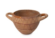 SKYPHOS ancient Corinthian terracotta wine cup with hand-painted finish, in relic condition, 6th/7th century B.C., 9.5cm high, 18.5cm across the handles.