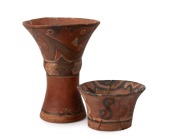 Two pre Columbian pottery vessels with hand-painted finish in relic condition, Bolivian origin, 8cm and 20cm high.