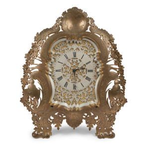Antique ornate bronze cased strut clock, fine case in the manner of Thomas Cole with later replaced time only movement, 19th century, 21cm high