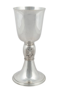 A vintage English sterling silver chalice with applied eagle decoration, made by The Central School of Arts & Crafts, circa 1952, 20cm high, 450 grams