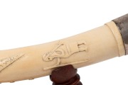 A pair of carved African ivory tusk ornaments mounted in sterling silver and presented on later carved timber stands, 60cm each - 4