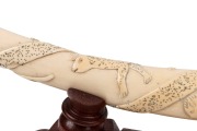 A pair of carved African ivory tusk ornaments mounted in sterling silver and presented on later carved timber stands, 60cm each - 5