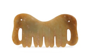 Hongshan culture (3500 B.C.E.-2200 B.C.E.) ancient Chinese jade ritual cloud scroll comb plaque pendant, 9.2cm wide