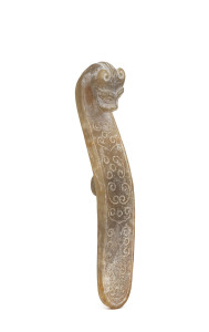 An antique Chinese carved jade belt hook, Han Dynasty, (206 B.C.E. - 220 C.E.), 10cm long