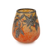 A French Art Nouveau orange and yellow glass with silver overlay vase, early 20th century, signed on both the glass and silver work, 12.5cm high