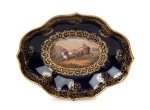MEISSEN antique German blue and gilt porcelain savoury dish with hand-painted cartouche, 19th century, blue crossed swords mark to base, 18cm wide
