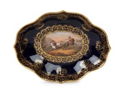 MEISSEN antique German blue and gilt porcelain savoury dish with hand-painted cartouche, 19th century, blue crossed swords mark to base, 18cm wide
