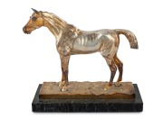 A cast bronze horse statue with silver finish, mounted on marble base, 19th/20th century, 19cm high, 22cm long overall