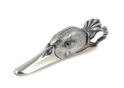 A fine quality sterling silver paper document clasp in the form of a duck's head, with inset glass eyes, 20th century, 12.5cm long, 152 grams