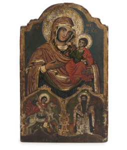 A Greek or Palestinian icon of the Mother of God with Saints George and Basil the Great, circa 1800, 30.5 x 19cm