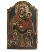 A Greek or Palestinian icon of the Mother of God with Saints George and Basil the Great, circa 1800, ​​​​​​​30.5 x 19cm