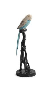 A Chinese carved ivory parrot statue with blue hand-painted finish, mounted on carved timber stand, early to mid 20th century, ​​​​​​​20.5cm high overall.