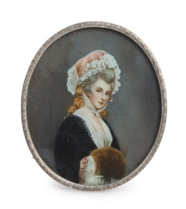 An antique oval miniature portrait of a lady, hand-painted on ivory, signed lower right (illegible), 19th century, 10.5 x 9cm overall.