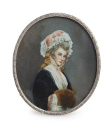An antique oval miniature portrait of a lady, hand-painted on ivory, signed lower right (illegible), 19th century, ​​​​​​​10.5 x 9cm overall.