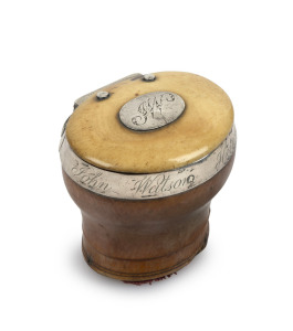 A Georgian ivory and silver mounted snuff box engraved with ownership details "JOHN WATSON...", 18th century, 5.5cm high.