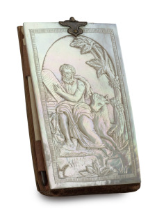 GRAND TOUR antique mother of pearl notebook carved with biblical scene of Moses, and housing original ivory pencil, 19th century, 9.5cm high.