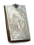 GRAND TOUR antique mother of pearl notebook carved with biblical scene of Moses, and housing original ivory pencil, 19th century, ​​​​​​​9.5cm high.
