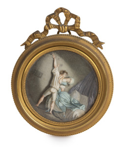 An antique French miniature boudoir scene, hand-painted on ivory and housed in an attractive gilt bronze frame, 19th century, 11.5 x 9.5cm overall.