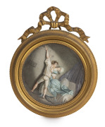 An antique French miniature boudoir scene, hand-painted on ivory and housed in an attractive gilt bronze frame, 19th century, ​​​​​​​11.5 x 9.5cm overall.