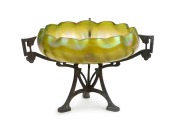 LOETZ (attributed) Austrian Art Nouveau green iridescent glass comport with pewter base, circa 1900, ​​​​​​​18cm high.