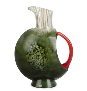 KOSTA BODA "ARTIST'S CHOICE" Swedish green art glass jug with red handle, by KJELL ENGMAN, engraved factory mark to base and original label, 29cm high,