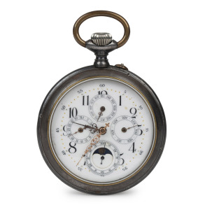 An impressive antique steel cased oversized pocket watch with subsidiary moonphase, seconds and calendar dials, crown wind movement, 19th century, 9.5cm high overall.