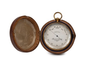 SHORT & MASON of London antique travelling barometer in original leather case, engraved with ownership details verso "J.L. JAMESON. R.E.", 19th century, ​​​​​​​9.5cm high including bow.